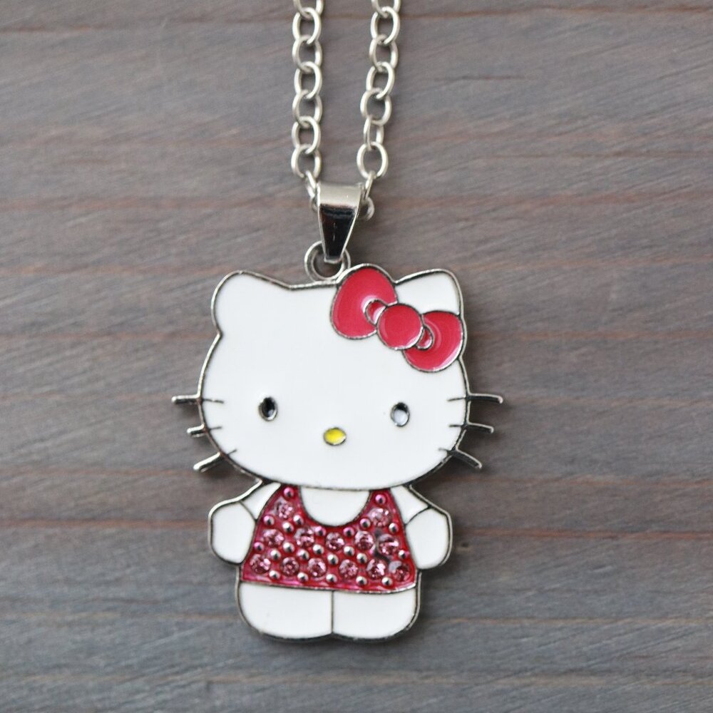 Hello Kitty with Rhinestones Pendant Necklace Silver Plated